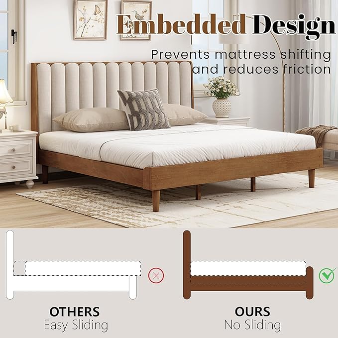 Wood King Size Bed Frame with Upholstered Tufted Headboard, Solid Wood Platform Bed,Mid-Century Style,No Box Spring Required, Easy Assembly,Wheat