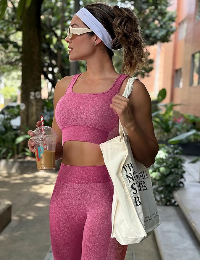 OLCHEE Womens Workout Sets 2 Piece Seamless Square Neck Sports Bra Padded Butt Lifting Leggings High Waist Yoga Gym Outfits