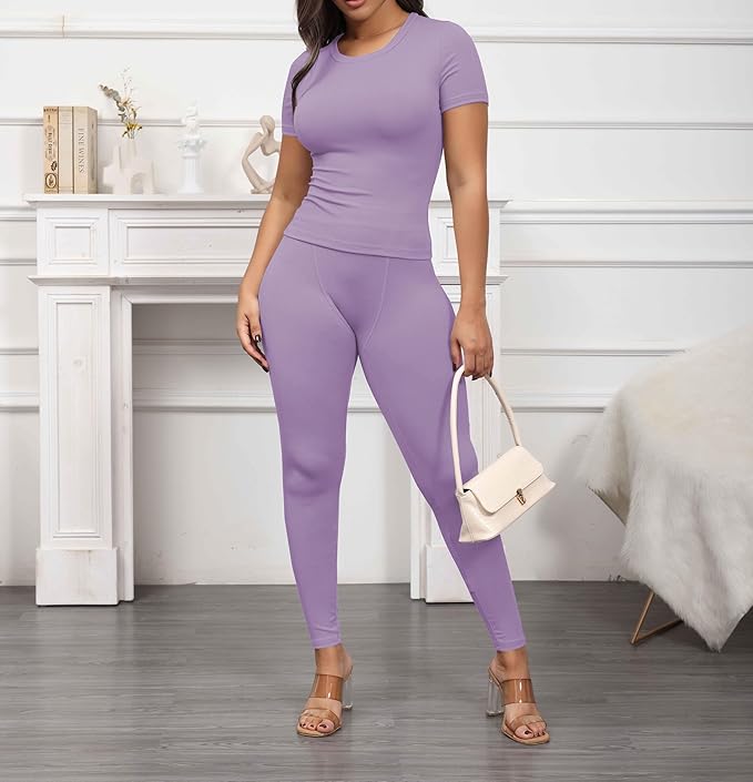 PINSV 2 Piece Sets for Women Summer Casual Jogger Workout Outfits Fitted Crew Neck T-shirt High Waist Legging Sets