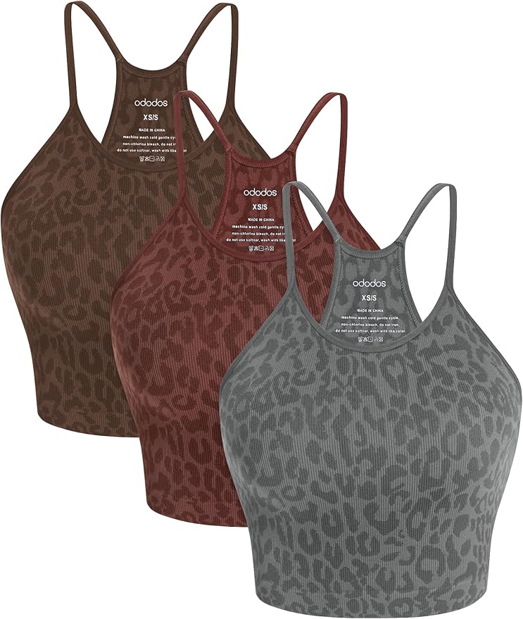 ODODOS Women's Crop 3-Pack Seamless Rib-Knit Camisole Crop Tank Tops