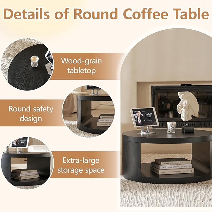 Round Coffee Table with Storage, 31.5" Modern Living Room Table, 2 Tier Circle Wood Center Tables for Apartment, Living Room, Open-Style Storage Black Coffee Tables, 31"*14.1" (Black)