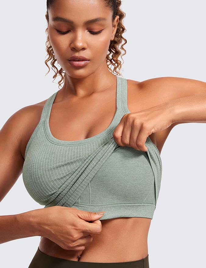 CRZ YOGA Seamless Ribbed Scoop Neck Tank Top for Women - Workout Racerback Padded Athletic Camisole with Built in Bra