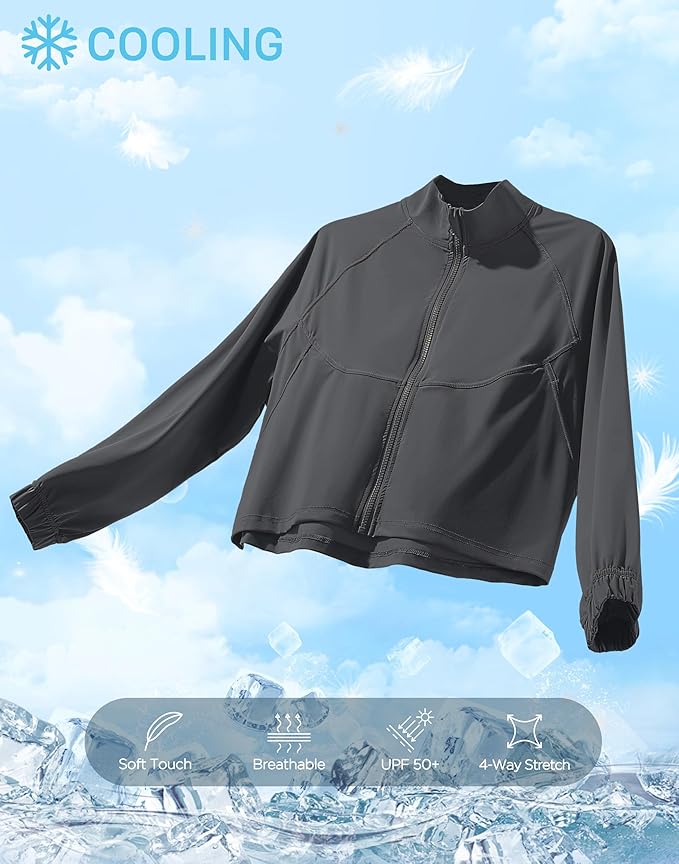 Soothfeel Women's Athletic workout Jacket Lightweight UPF 50+ Long Sleeve Sun Protection Shirts Zip Up Cropped Hiking Tops
