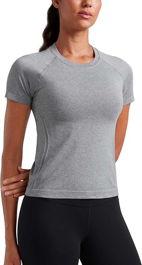 CRZ YOGA Seamless Workout Tops for Women Waist Length - Running Gym Athletic Yoga Short Sleeve Shirts Breathable Crewneck