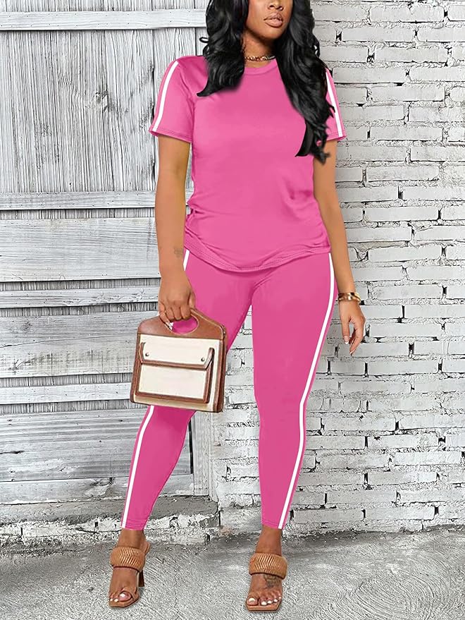 Women's 2 Piece Outfits Sweatsuit Summer Workout Striped Short Sleeve Long Sweatpants Casual Jogging Lounge Set