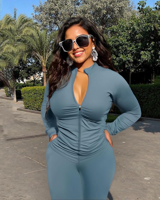 UOUA Two Piece Outfits Women Tracksuit Sets Long Sleeve Zip Up Jacket & Leggings for Gym Workout Set