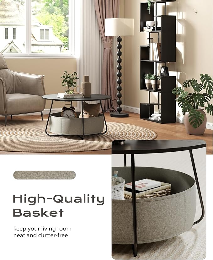 Manora Small Round Coffee Table for Living Room, Modern Center Table with Fabric Basket Storage, Cute Circle Table for Small Spaces, Metal Frame, Espresso