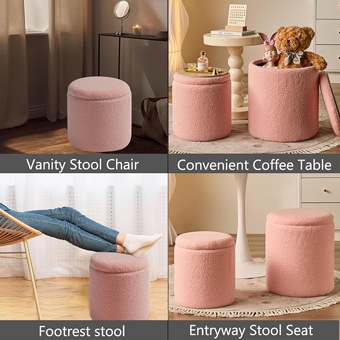 BLEXA Round Ottoman with Storage Set of 2 - Upholstered Sherpa Vanity Stool for Makeup Multifunctional Ottomans Coffee Table Padded Seat Foot Rest for Living Room & Bedroom (Sherpa Pink)