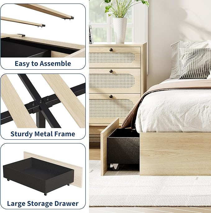 GarveeHome Full Size Wood Platform Bed Frame with 2 Storage Drawers, Wooden Bed Frame Without Headboard, Wood Slat Support, No Box Spring Needed, Easy Assembly