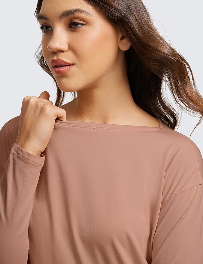 CRZ YOGA Pima Cotton Boat Neck Long Sleeve Shirts for Women - Workout Athletic Yoga Casual Tops Loose Fit Fall T-Shirts