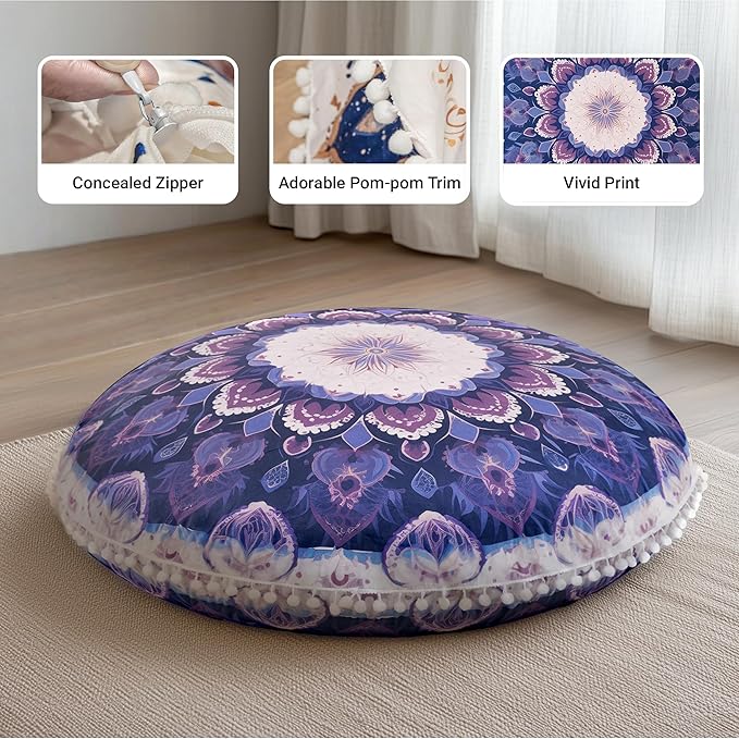 Meditation Cushion 32 Inch Round, Extra Thick Memory Foam Floor Pillow with Removable Washable Cover, Bohemian Mandala Yoga Cushion for Adults - Ideal Gift & Holiday Decor, Purple