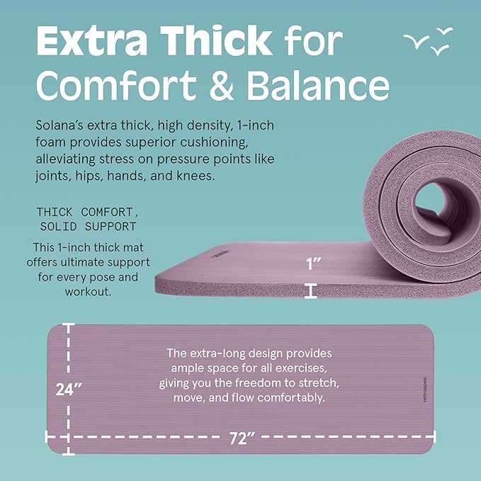 Retrospec Solana Yoga Mat 1" Thick w/Nylon Strap for Men & Women - Non Slip Exercise Mat for Home Yoga, Pilates, Stretching, Floor & Fitness Workouts