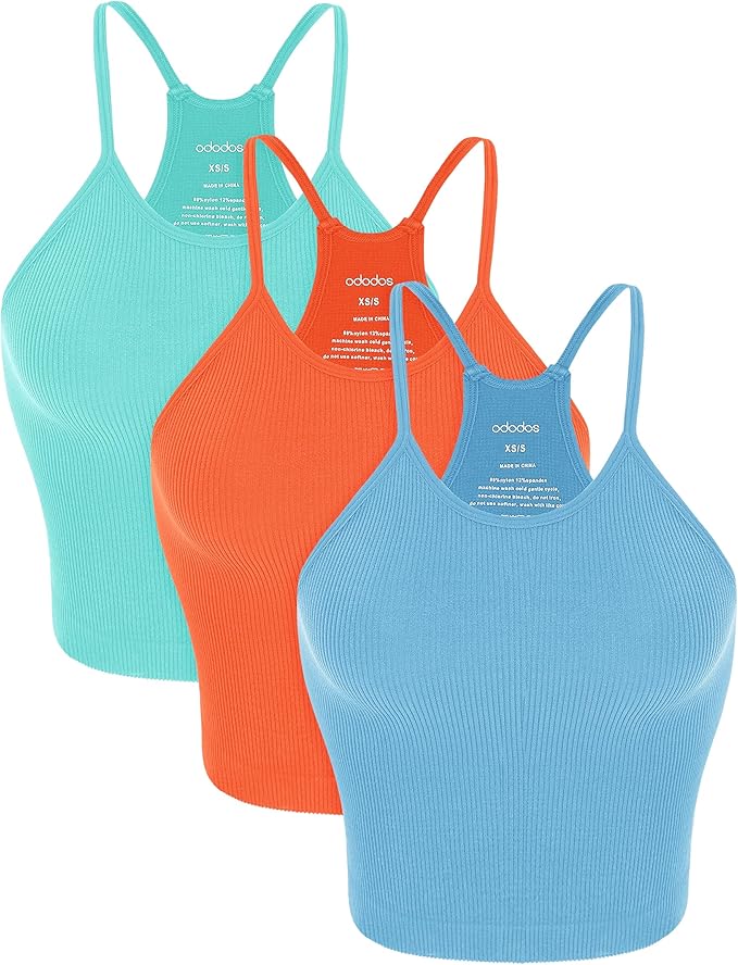 ODODOS Women's Crop 3-Pack Seamless Rib-Knit Camisole Crop Tank Tops
