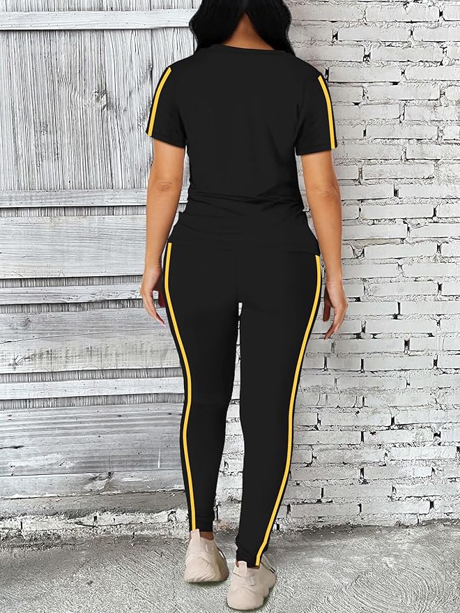 Women's 2 Piece Outfits Sweatsuit Summer Workout Striped Short Sleeve Long Sweatpants Casual Jogging Lounge Set