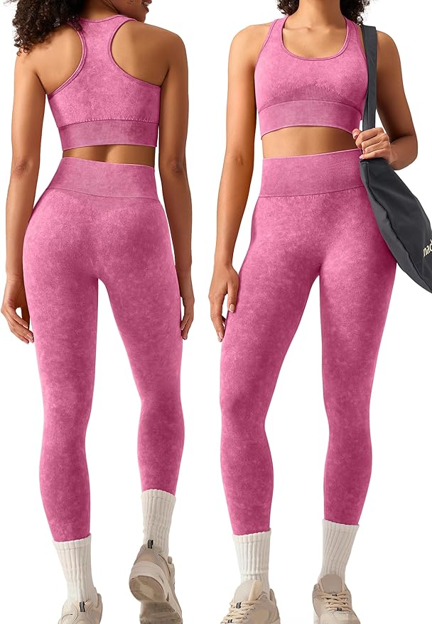 OLCHEE Womens Workout Sets 2 Piece - Acid Wash Seamless Yoga Outfits High Waist Leggings Padded Racerback Sports Bra Gym Set