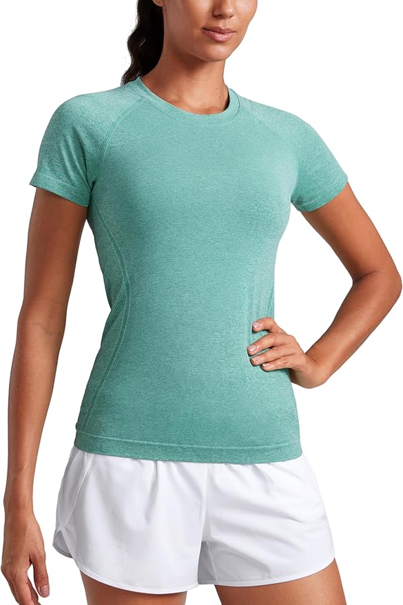 CRZ YOGA Seamless Workout Tops for Women Hip Length - Athletic Running Gym Yoga Short Sleeve Shirts Breathable Crewneck Tees
