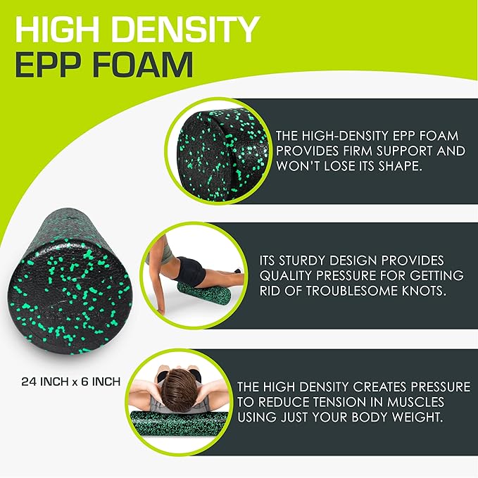 ProsourceFit High Density Foam Rollers 24 - inches long, Firm Full Body Athletic Massage Tool for Back Stretching, Yoga, Pilates, Post Workout Muscle Recuperation, Black/Green