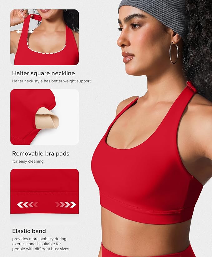 BRXL Halter Sports Bras for Women Adjustable Built in Bra Backless Workout Push Up Bras Low Impact Gym Yoga Tops