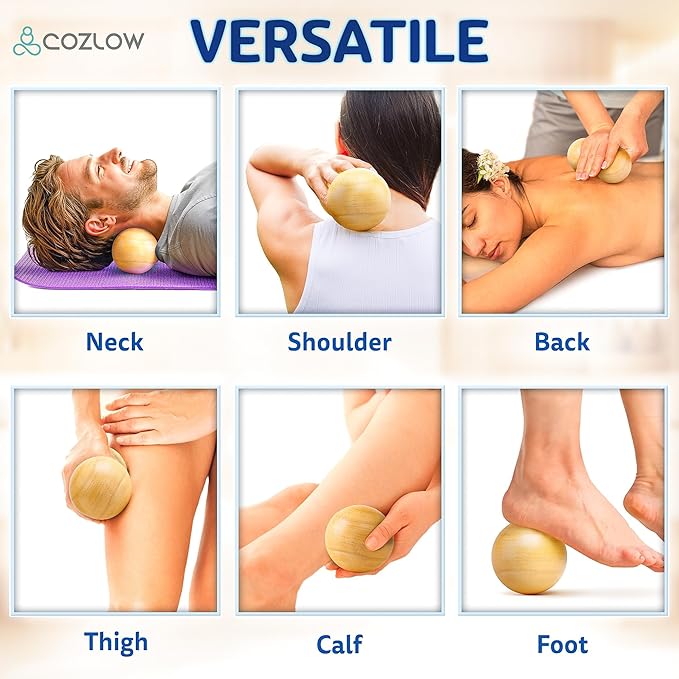 COZLOW Peanut Ball Massage Roller - Wood Therapy Massager - Double Lacrosse Ball Shaped Tool for Neck, Back, Spine, Feet Muscle Pain Relief - Wooden Mobility Device for Deep Tissue Recovery
