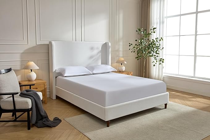 California King Size Upholstered Bed Frame, 54" Tall Headboard Wingback Platform Bed Frames, Elegant Simplicity/Strong Wood Slats Support/No Box Spring Needed/No Noise, Cream White Chenille