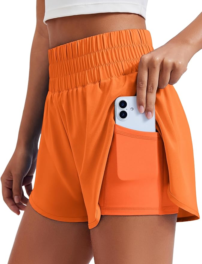 PINSPARK Women's 2 in 1 Running Shorts High-Split Athletic Short High Waisted 3" Liner Workout Gym Short with Pockets