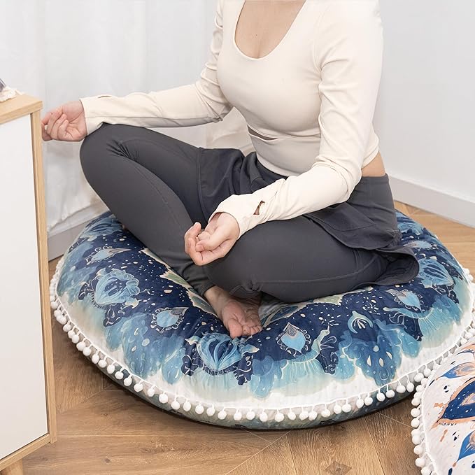 Meditation Cushion 32 Inch Round, Extra Thick Memory Foam Floor Pillow with Removable Washable Cover, Bohemian Mandala Yoga Cushion for Adults - Ideal Gift & Holiday Decor, Green