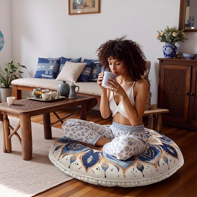 Meditation Cushion 32 Inch Round, Extra Thick Memory Foam Floor Pillow with Removable Washable Cover, Bohemian Mandala Yoga Cushion for Adults - Ideal Gift & Holiday Decor, Blue