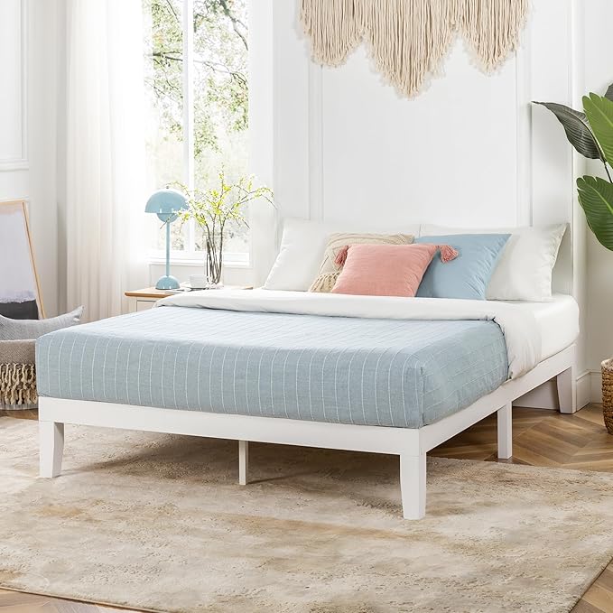 Mellow Naturalista Classic 12 Inch Solid Wood Platform Bed with Wooden Slats, Queen, White