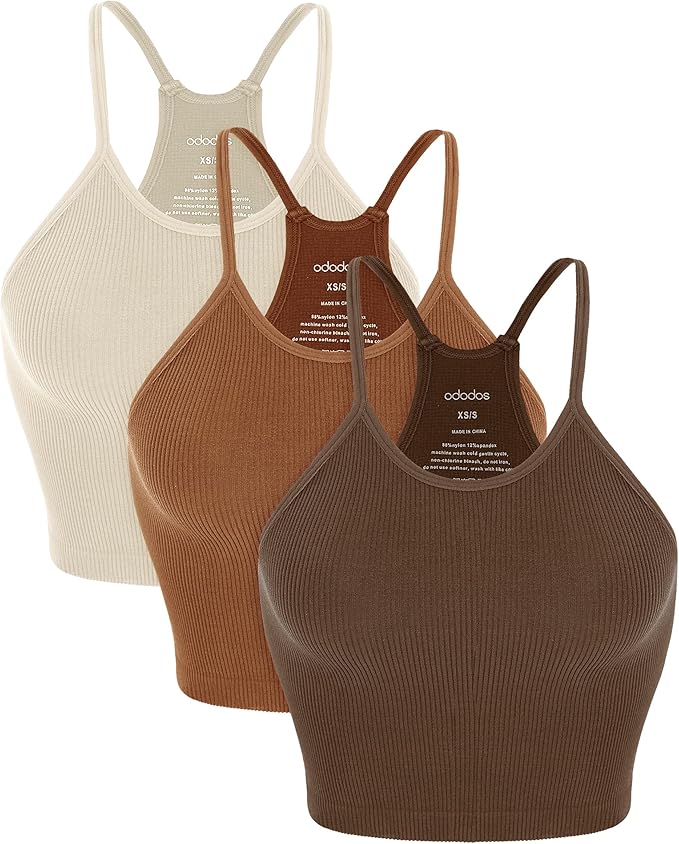 ODODOS Women's Crop 3-Pack Seamless Rib-Knit Camisole Crop Tank Tops