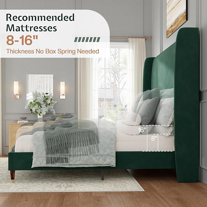 Jocisland King Size Bed Frame 51.2" Wingback Headboard Velvet Upholstered Platform Bed with Solid Wood Legs & Wooden Slats, No Box Spring Needed, Modern Minimalist Style, Easy Assembly, Dark Green