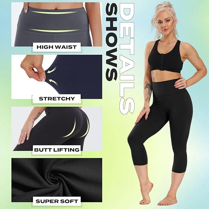 NexiEpoch 4 Pack Leggings for Women - High Waisted Tummy Control Soft Black Capri Yoga Pants with Pockets for Workout