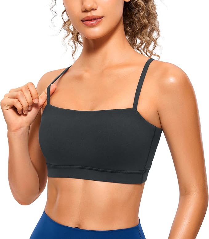 CRZ YOGA Butterluxe Womens Adjustable Spaghetti Thin Strap Sports Bra - Padded Wireless Square Neck Workout Yoga Clothes