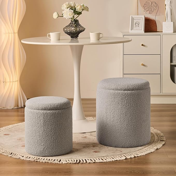 BLEXA Round Ottoman with Storage Set of 2 - Upholstered Sherpa Vanity Stool for Makeup Multifunctional Ottomans Coffee Table Padded Seat Foot Rest for Living Room & Bedroom (Sherpa Gray)