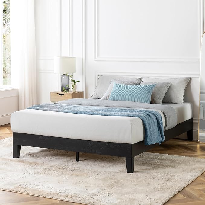 Mellow Naturalista Grand 12 Inch Solid Wood Platform Bed with Wooden Slats, Easy Assembly, King, Black