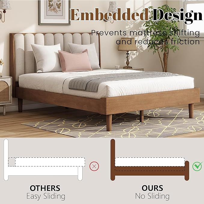 Wood Queen Size Bed Frame with Upholstered Tufted Headboard, Solid Wood Platform Bed,Mid-Century Style,No Box Spring Required, Easy Assembly,Wheat