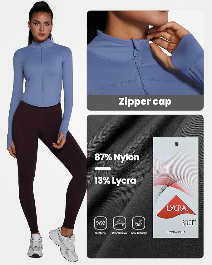 Women BBL Jacket Full Zip UP Workout Athletic Cropped Jacket wIth Thumb Holes Running Yoga Sportswear