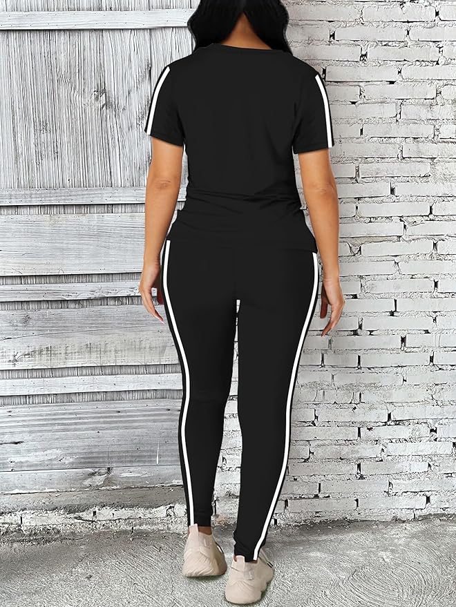 Women's 2 Piece Outfits Sweatsuit Summer Workout Striped Short Sleeve Long Sweatpants Casual Jogging Lounge Set