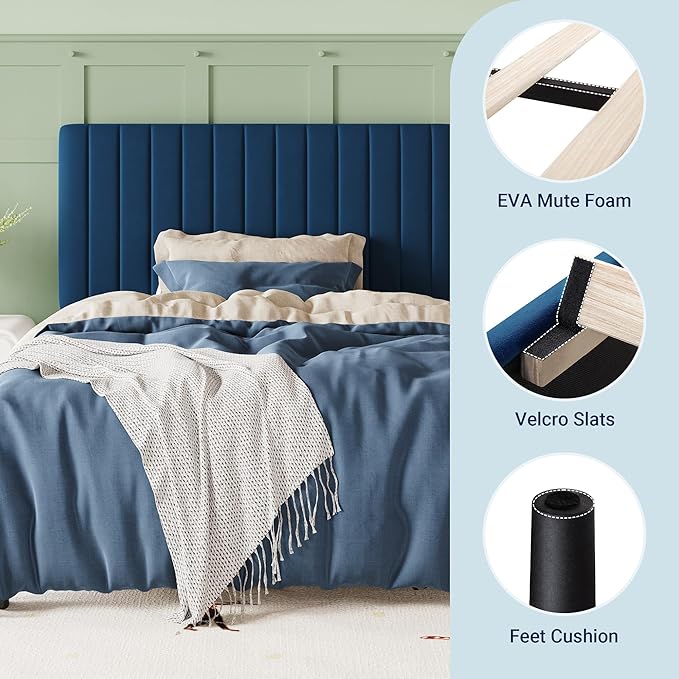 Allewie Twin Bed Frame, Velvet Upholstered Platform Bed with Adjustable Vertical Channel Tufted Headboard, Mattress Foundation with Strong Wooden Slats, Box Spring Optional, Easy Assembly, Navy Blue