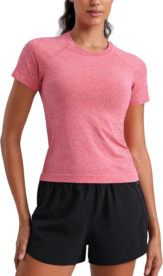 CRZ YOGA Seamless Workout Tops for Women Waist Length - Running Gym Athletic Yoga Short Sleeve Shirts Breathable Crewneck
