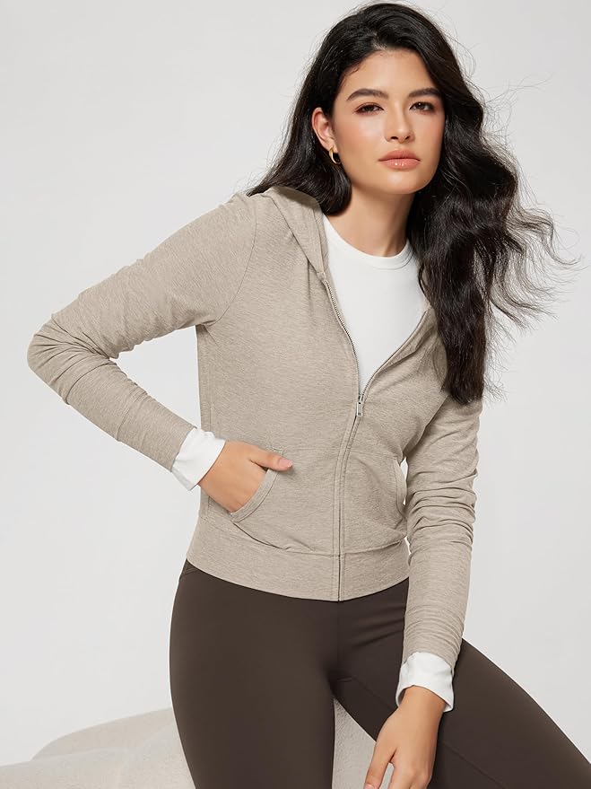 ODODOS Women's Full-Zip Cropped Hoodie - odSTRATUM Tech Ultra Soft UPF 50+ Hooded Jacket with Pockets