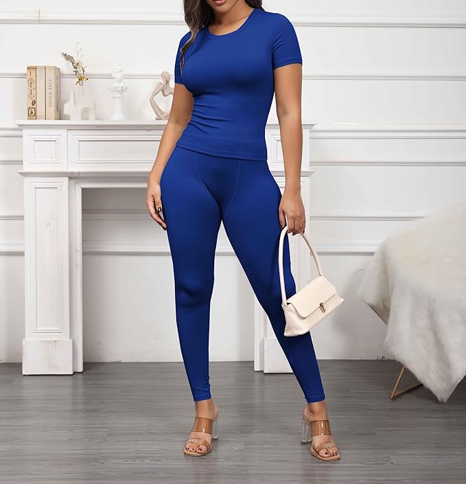 PINSV 2 Piece Sets for Women Summer Casual Jogger Workout Outfits Fitted Crew Neck T-shirt High Waist Legging Sets