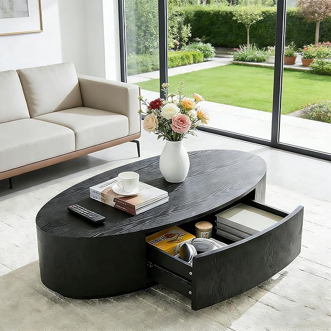 47.24" Oval Wood Coffee Table with Storage Drawer, MDF Center Table, Side Table, Dining Table for Living Room, Apartment, Office (Black)