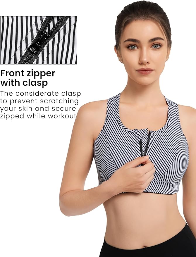 Yvette Zip Front Sports Bra - High Impact Sports Bras for Women Plus Size Workout Fitness Running