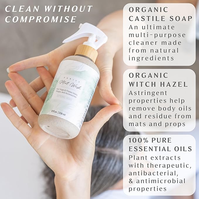 Organic Yoga Mat Cleaner Spray | 8oz Spring Mint with Microfiber Cloth | Made in the USA | Safely and Effectively Cleans All Mats and Pilates + Yoga Accessories