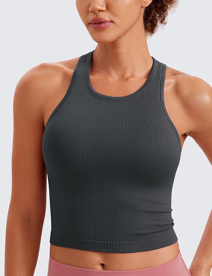 CRZ YOGA Seamless Ribbed High Neck Crop Tank Tops for Women - Longline Racerback Padded Sports Bras