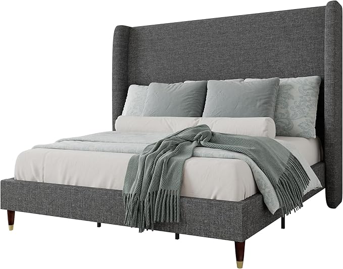 Jocisland King Size Bed Frame 51.2" Wingback Headboard Linen Upholstered Platform Bed with Solid Wood Legs & Wooden Slats, No Box Spring Needed, Modern Minimalist Style, Easy Assembly, Dark Gray