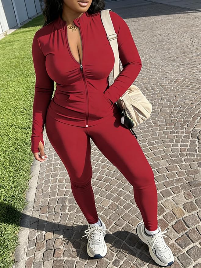 UOUA Two Piece Outfits Women Tracksuit Sets Long Sleeve Zip Up Jacket & Leggings for Gym Workout Set