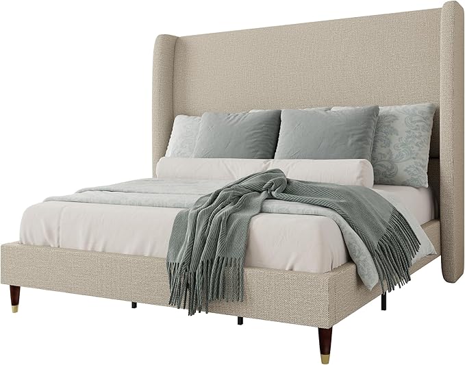 Jocisland King Size Bed Frame 51.2" Wingback Headboard Linen Upholstered Platform Bed with Solid Wood Legs & Wooden Slats, No Box Spring Needed, Modern Minimalist Style, Easy Assembly, Brown