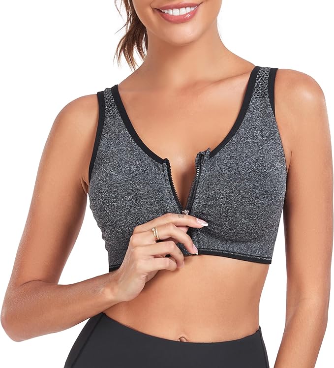 Women's Zip Front Sports Bra Wireless Post-Surgery Bra Active Yoga Sports Bras
