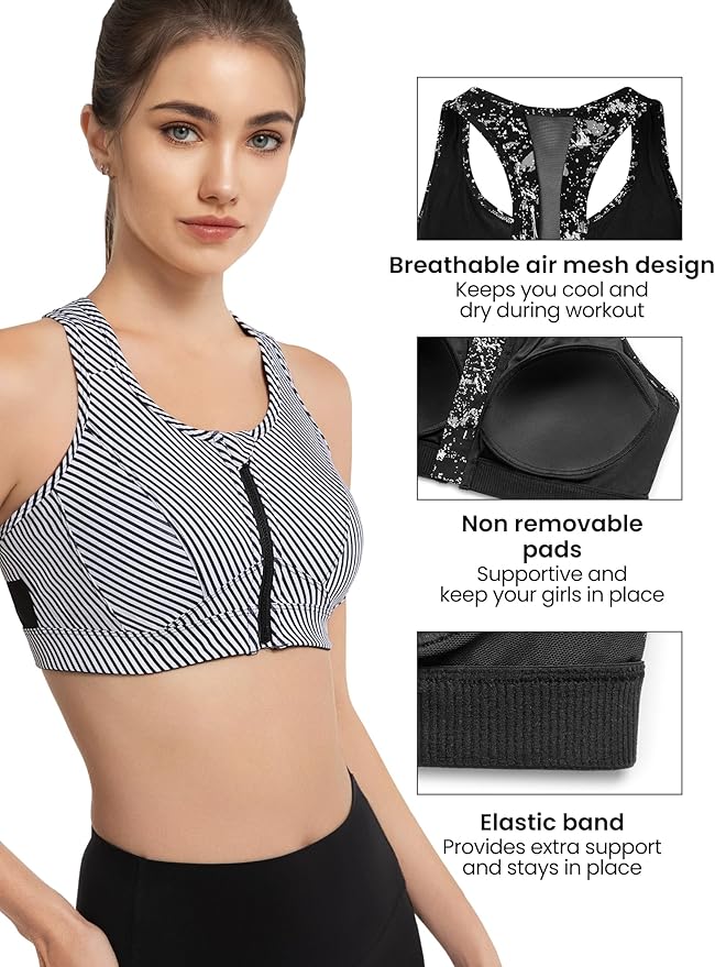 Yvette Zip Front Sports Bra - High Impact Sports Bras for Women Plus Size Workout Fitness Running